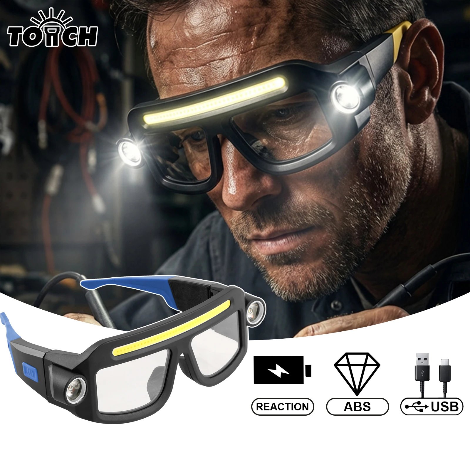 LED safety glasses with lighting function, rechargeable headlamp glasses, hands-free work lighting goggles with side flashlights