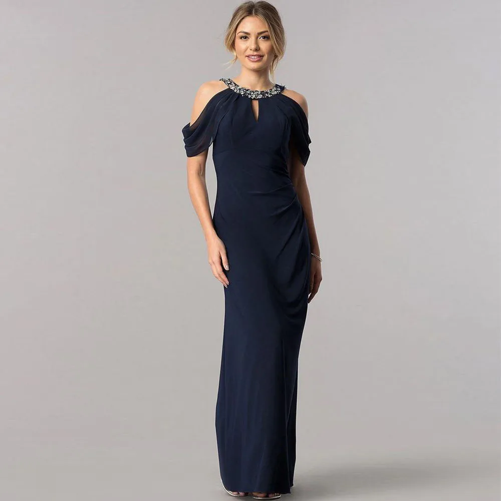 ELegant Dark Navy Chiffon Mother of the Bride Dresses for Weddings O Neck Beading Floor Length Formal Evening Party Dress