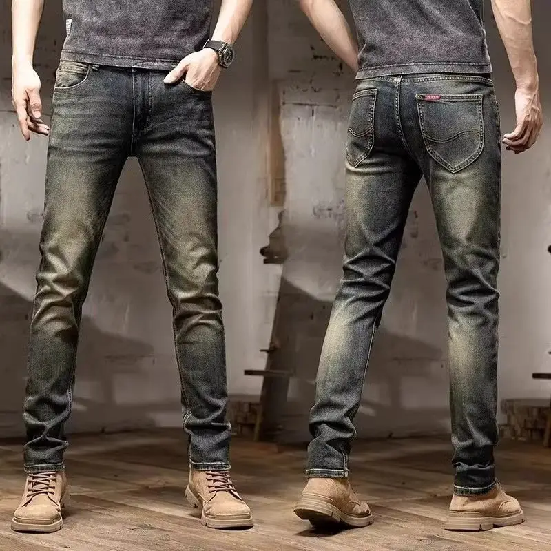 New 2026 Vintage Retro Blue Nostalgic Jeans Men's Spring Summer Washed Elastic Small Straight Thin Slim Casual Long Pants Man