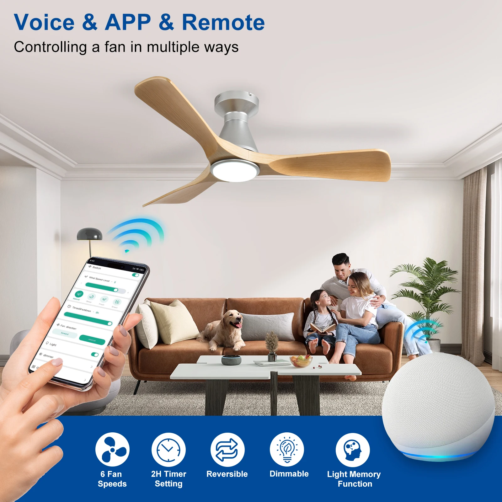 

42/52-дюймовый потолочный вентилятор с подсветкой: умный потолочный вентилятор для скрытого монтажа для спальни с регулируемой яркостью Внутренний наружный вентилятор Голосовое/управление через приложение