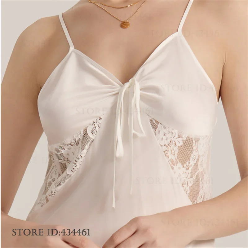 

Women Intimate Lingerie Summer Sleepwear Big Size Home Dress Silky Satin Long Nightdress Sexy Patchwork Lace Nightgown Nighty