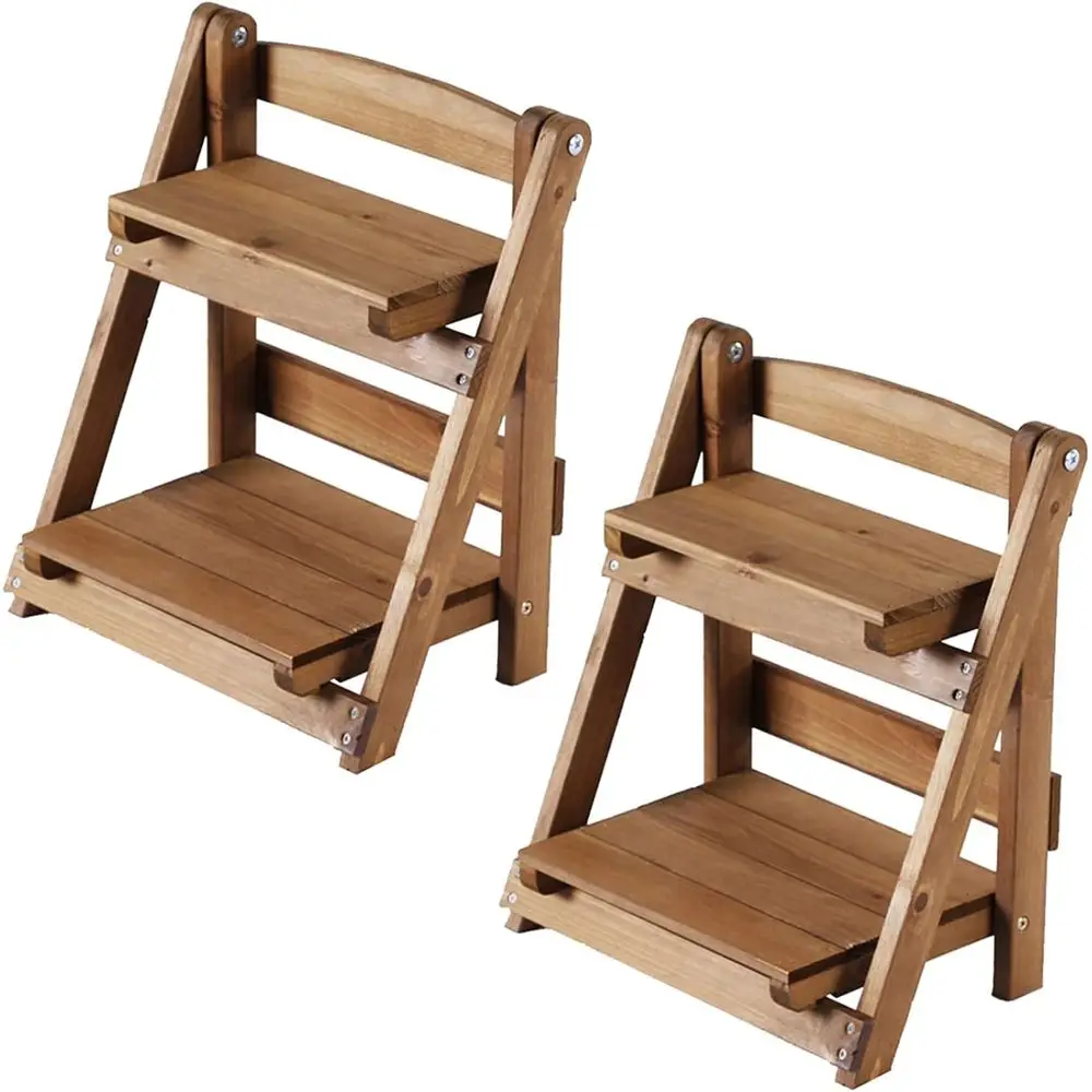 

Vintage 2-Tier Wooden Ladder Shelf - Decorative Tabletop Plant Stand - Compact Desktop Organizer Rack