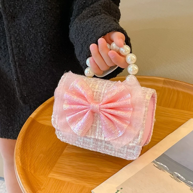 

Детские сумки через плечо с цепочкой ярких цветов в клетку, милые милые сумки принцессы с бантом для маленьких девочек, детские сумки с жемчужной ручкой