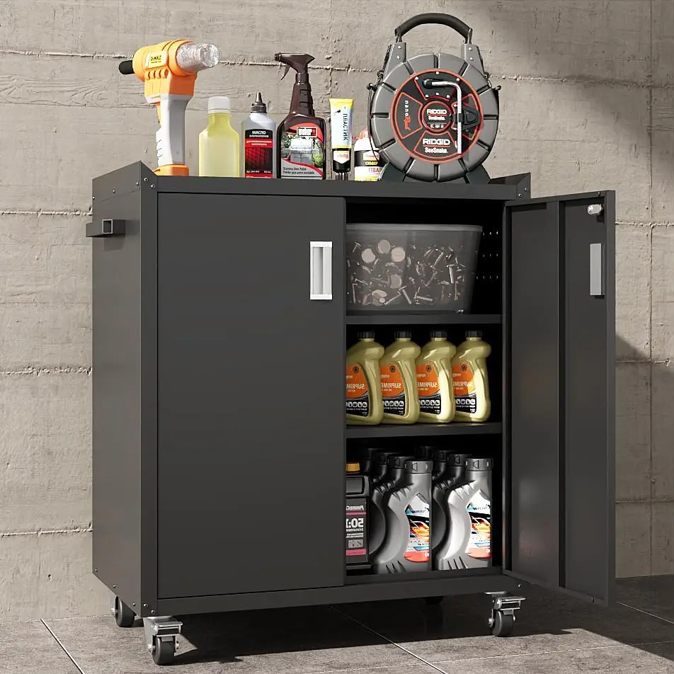 Heavy Duty Rolling Storage Cabinet 2 Door Metal Garage Tool Cabinet With 2 Adjustable Shelves Lockable Wheels Locking Doors Large Capacity Mobile Tool Chest Storage Box For Workshop Garage Warehouse, Black