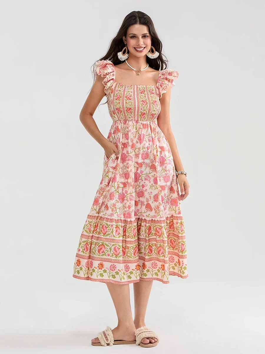 

Elegant Midi Dress For Women Floral/Dot Print Ruffles Fly Sleeves Square Neck Shirred Flowy Dress