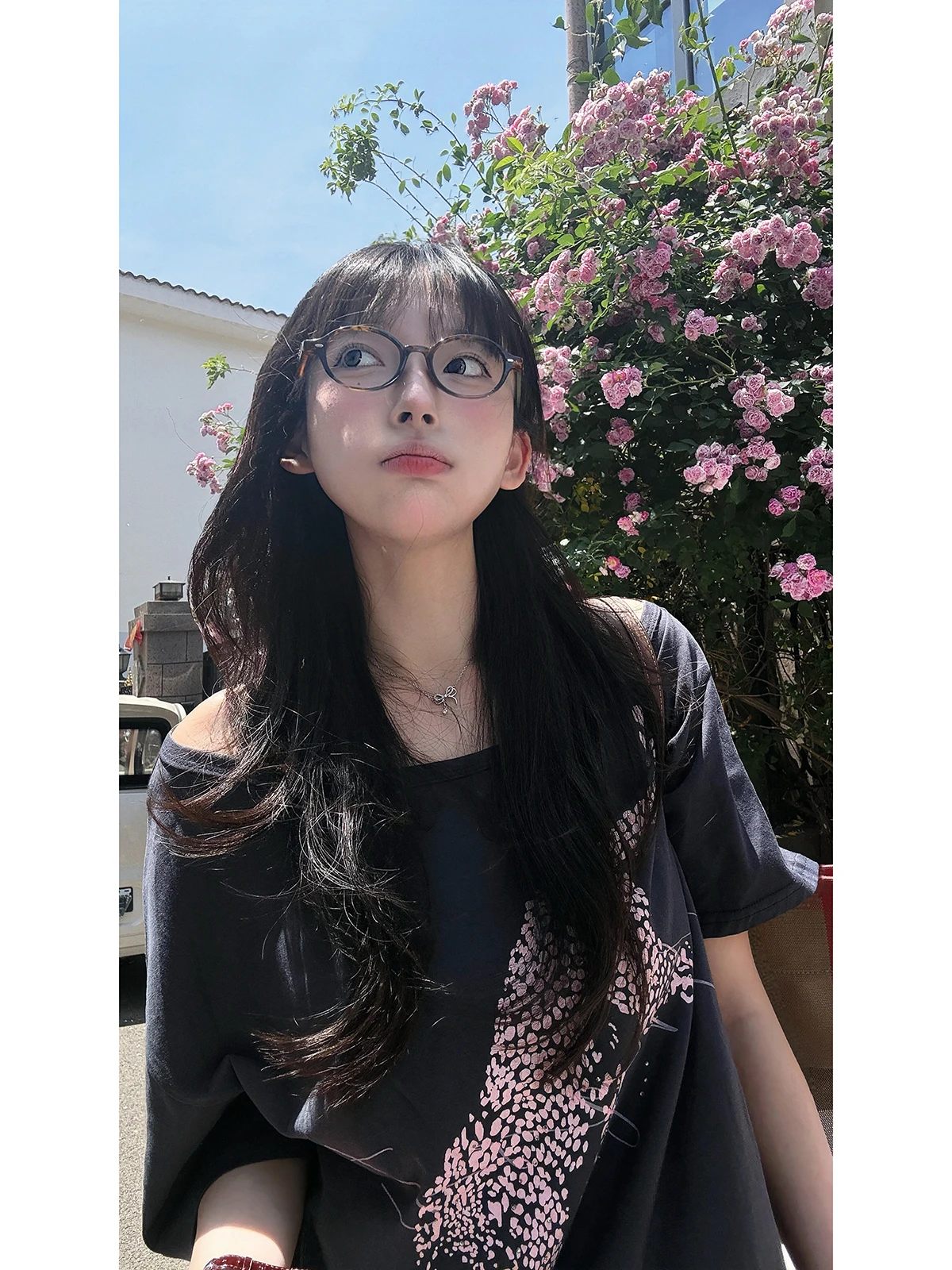 Sakura American Retro Pink Leopard Print Asymmetrical Shoulder Short Sleeve T-Shirt Women's Loose Casual Top Summer Fashion