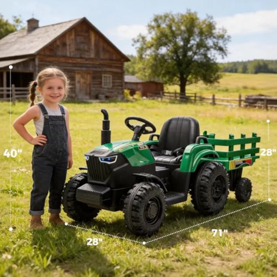 24V Ride-On Tractor with Trailer for Outdoor Play, Steel Frame Green Electric Farm Truck with Remote Pedal Control, Headlights,