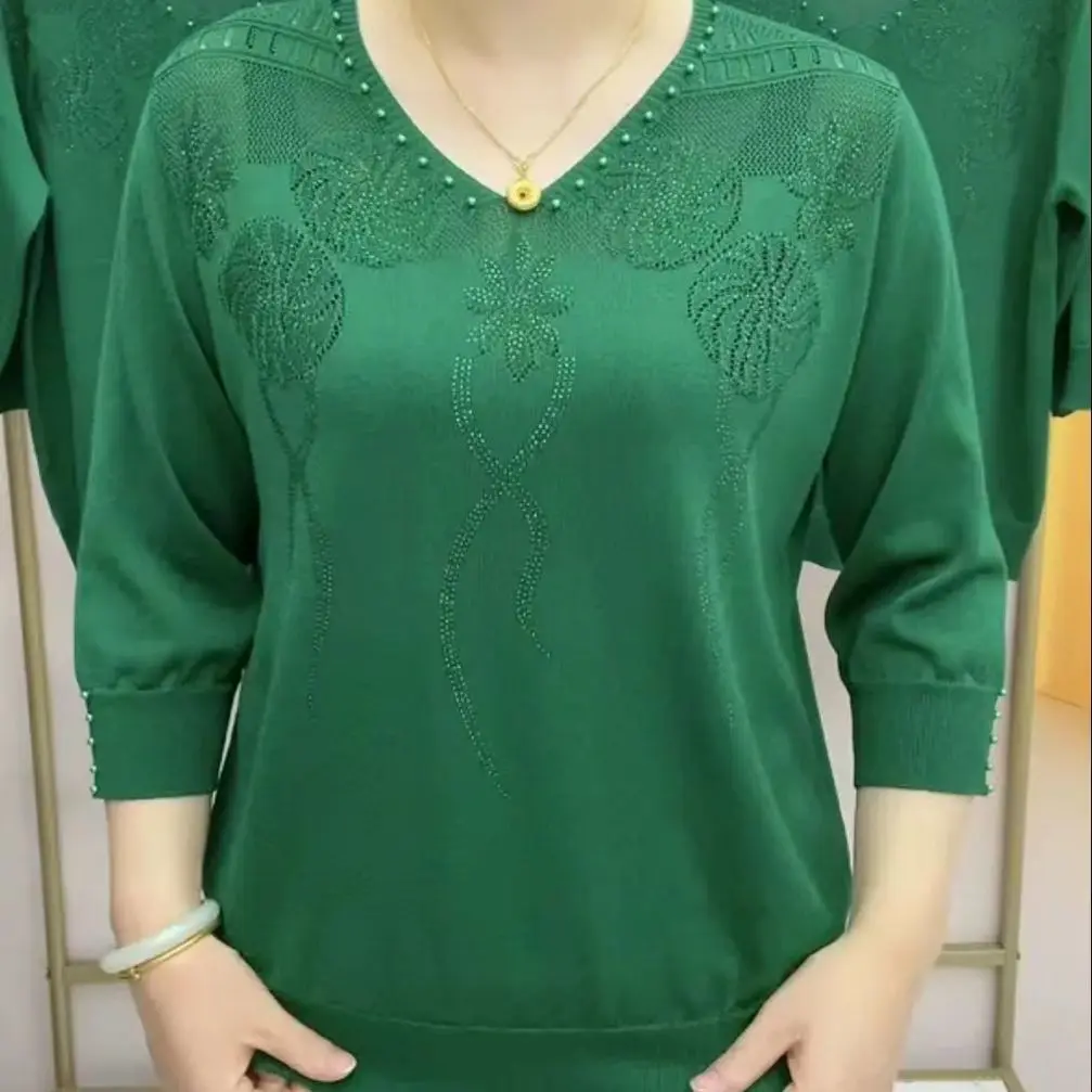 Koreanische Vintage Damen bekleidung Ärmel gestrickt T-Shirt Frühling Sommer Mode V-Ausschnitt feste Diamanten lose lässige Tops neu