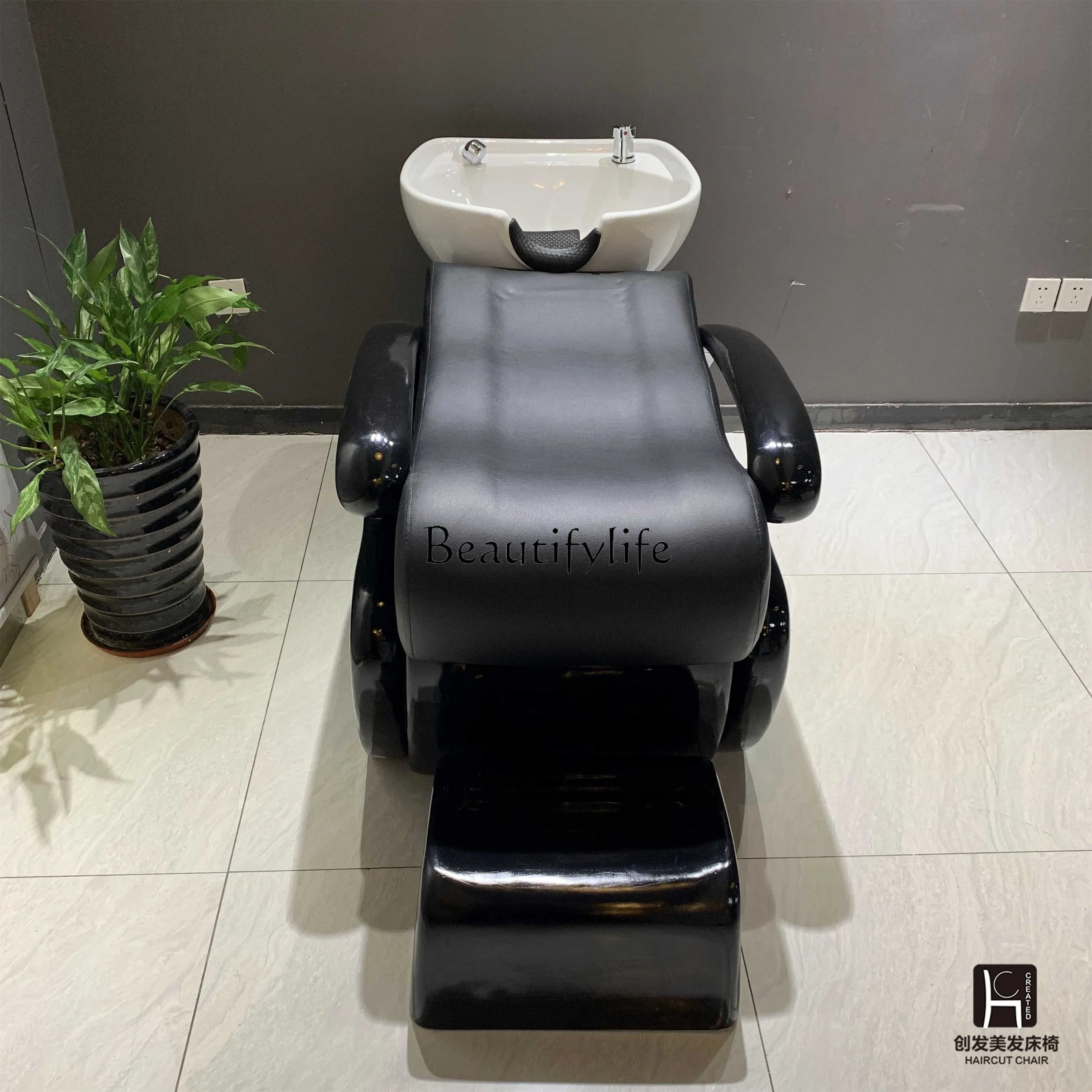 Customized Barber Shop Shampoo Half Lying Flushing Bed Hairdressing Shampoo Ceramic Basin Simple and Light Luxury Style