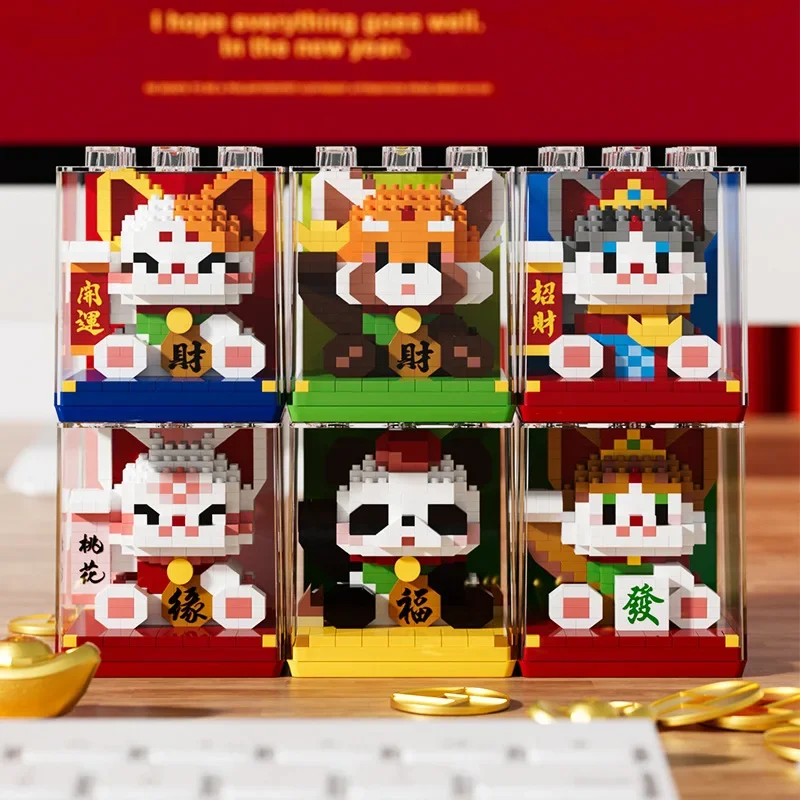 Lucky Animal Micro Building Blocks Lesser Panda Cat Maneki Neko Assembled 3D Model Mini Brick Figure Toys For Kids Gifts