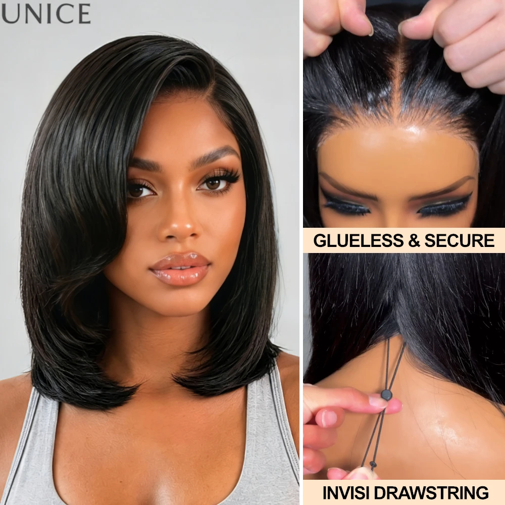 UNICE Minimalist Lace 6x4 Side Part Layered Bob Wig With Side-Swept Bangs 100% Human Hair Glueless Drawstring Wig 180% Density