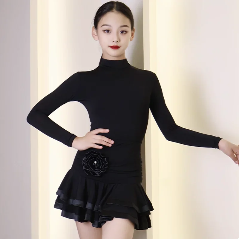 Childrens Latin Dance Sexy Dress Girls Kids Practice Ballroom Dancing Performance Bodysuit and Skirt Set Romba Chacha Costume