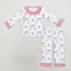 Wholesale Baby Girl Set Spring Fall Clothing Long Sleeves Flower Bows Shirt Ruffle Pants Children Kids Two Pieces Toddler Outfit