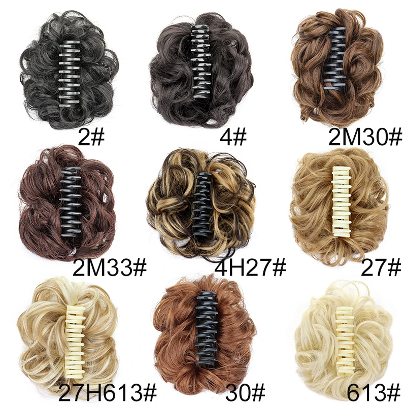 Moño sintético despeinado con pinza de cangrejo, extensión de cabello corto rizado y ondulado, negro y rubio para mujer 2