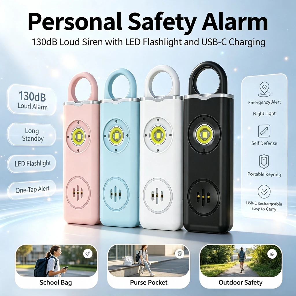 Personal Alarm Keychain - 130dB Oplaadbare Persoonlijke Alarm Sleutelhanger, LED