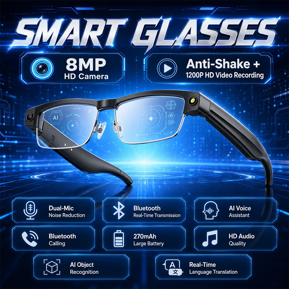 New Smart Glasses Dual Microphone Noise Reduction 8MP HD CameraAI Voice Assistant AI Language Translation BLE5.4 Smart Glasses