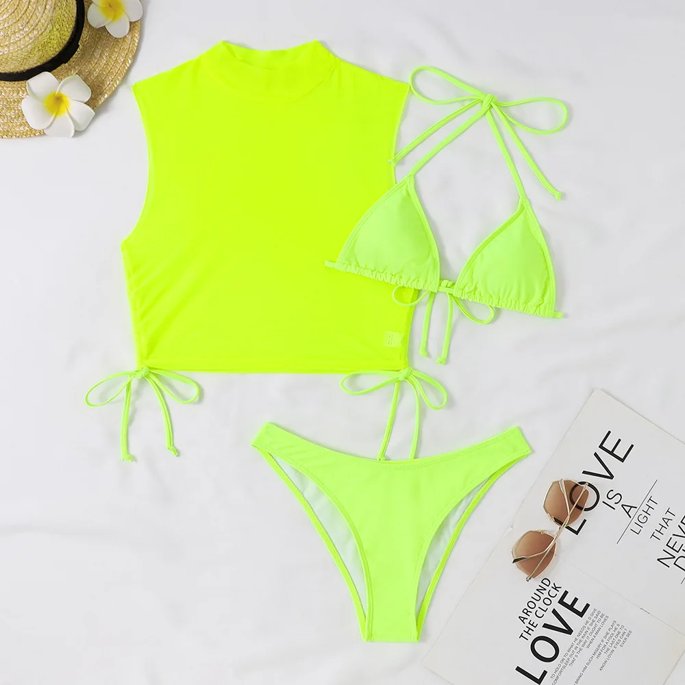 3 Pieces Bikini Sets & High Neck Top 2024 Women Swimsuit Thong Swimwear Female Neon Bathing Swimming Swim Suit Beachwear Black