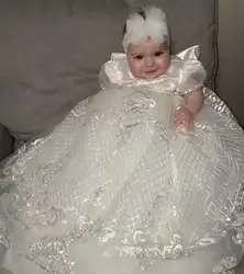 White Satin Christening Gowns for Baby Lace Tiered First Communion Dresses with Bow Luxury Infant Toddler Girls Baptism Dresses