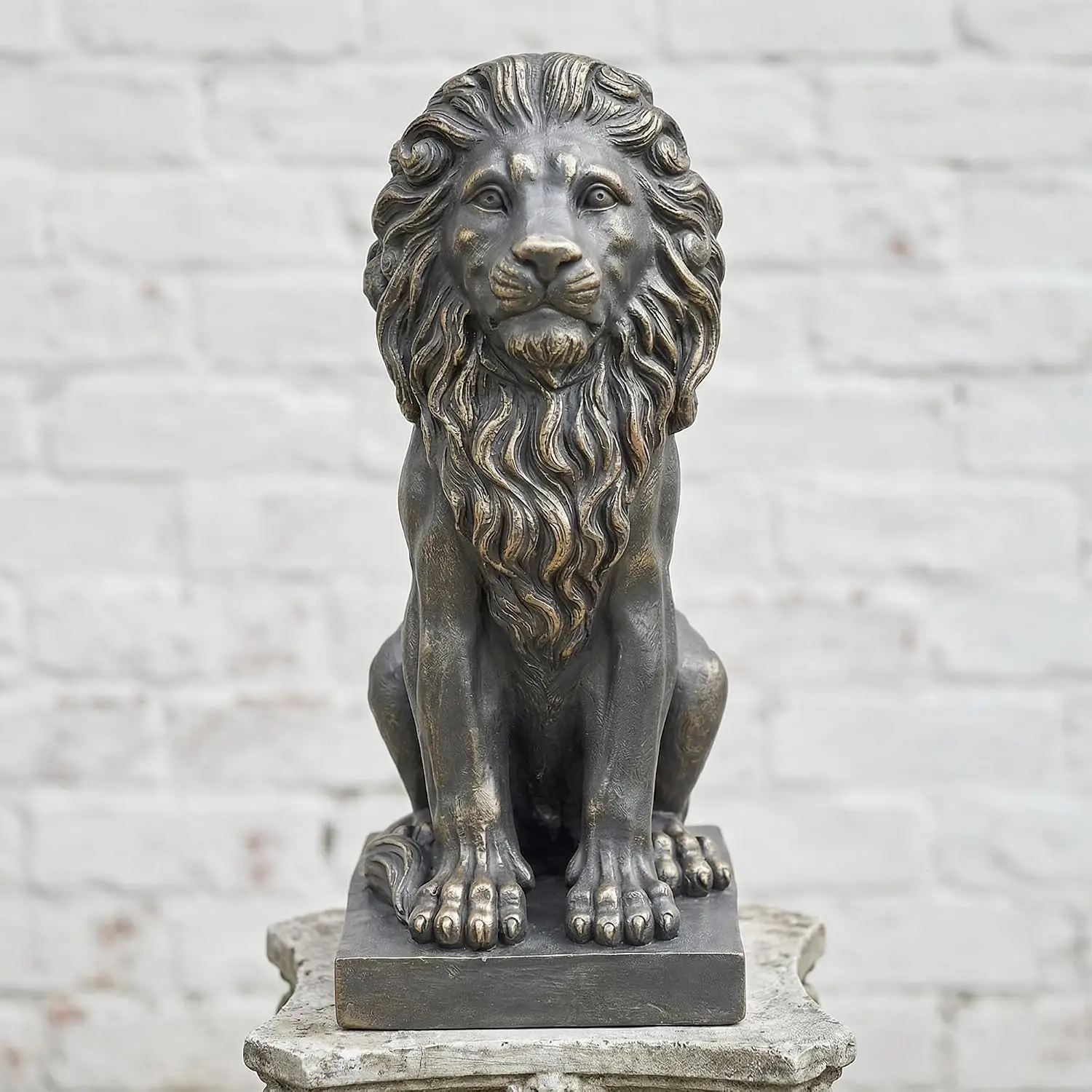 Outdoor Lion Statue Garden Animal Sculpture Decorative Sitting Plinth Accent Stand For Home Porch Yard Patio Backyard Entryway Dark Gray Gold Accents 1 Pack