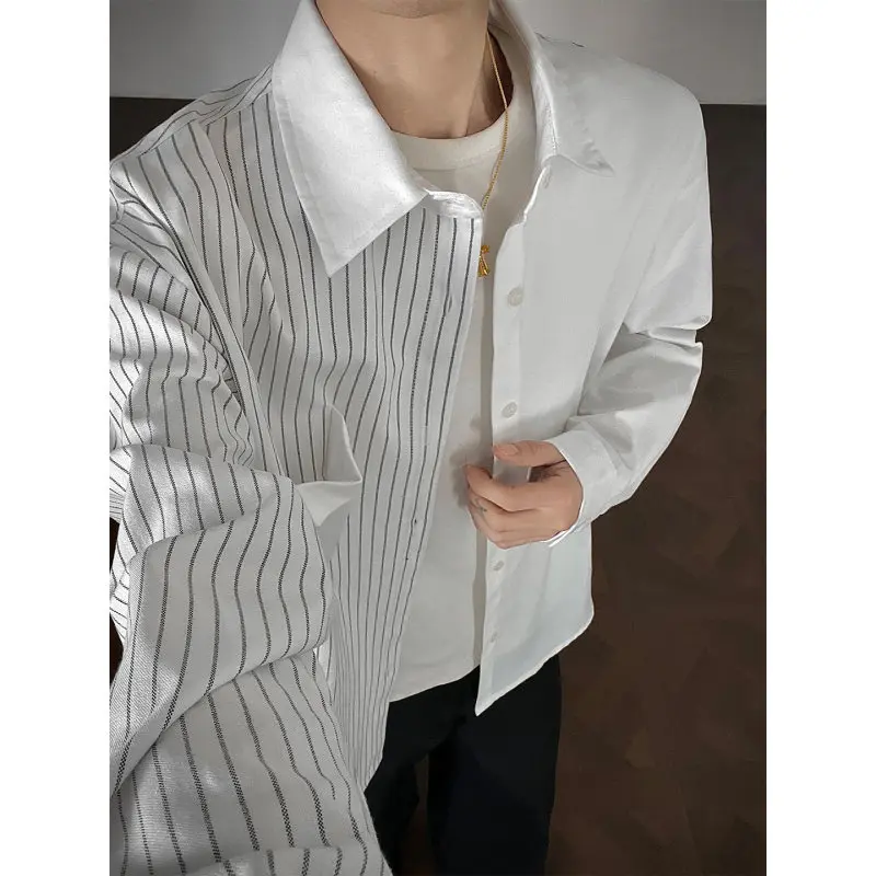 

Casual Striped irt ex Loose Fit Spring Faion Base Layer Top Asymmetrical Patchwork Design Cotton Polyester Blend Long...