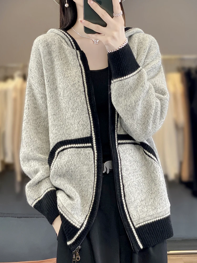 Autumn Winter New Cashmere Zipper Cardigan Women\'s Hooded Knit Coat Fashion Match Color Thicken Jacket Loose Large Size Hoodie