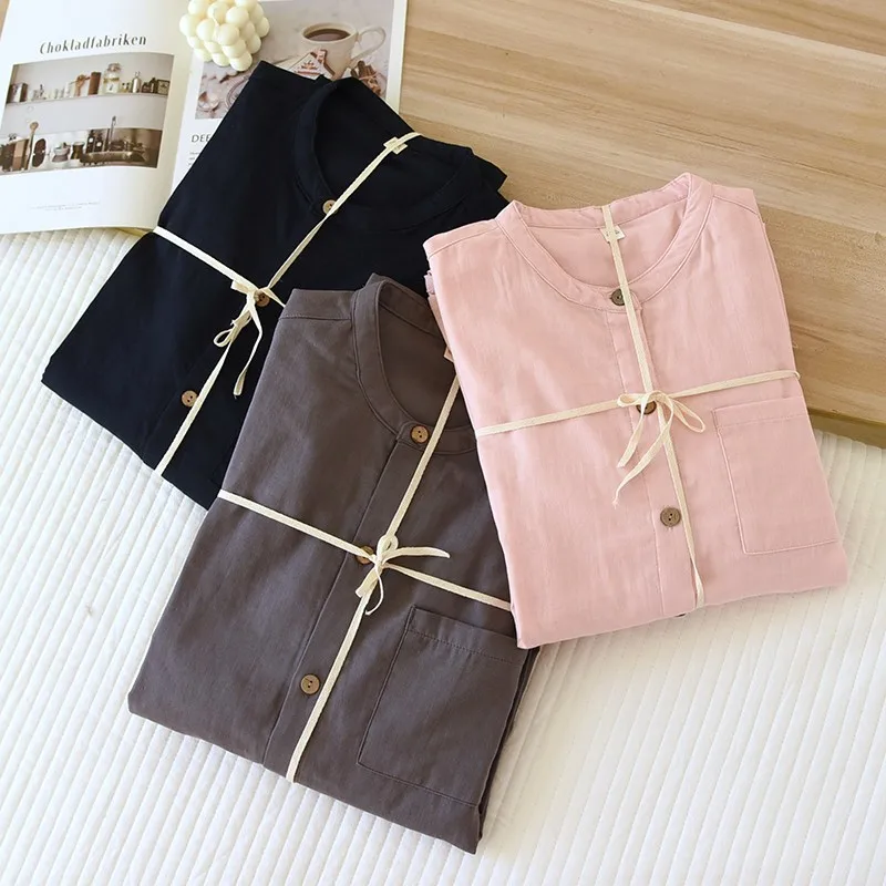 Chic Minimalist Stand Collar Pure Cotton Gauze Couple Set. All-Season Long-Sleeve Loungewear. Breathable for Home Casual Outings