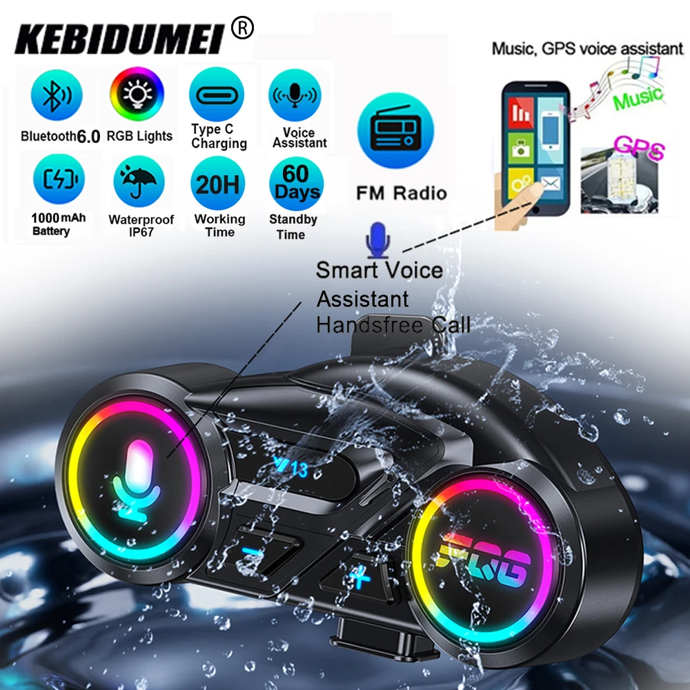 

FM+Bluetooth 6.0 Motorcycle Helmet Headset 1000mah Battery Long Standby RGB Waterproof Handsfree Call Voice Assistant Earphone