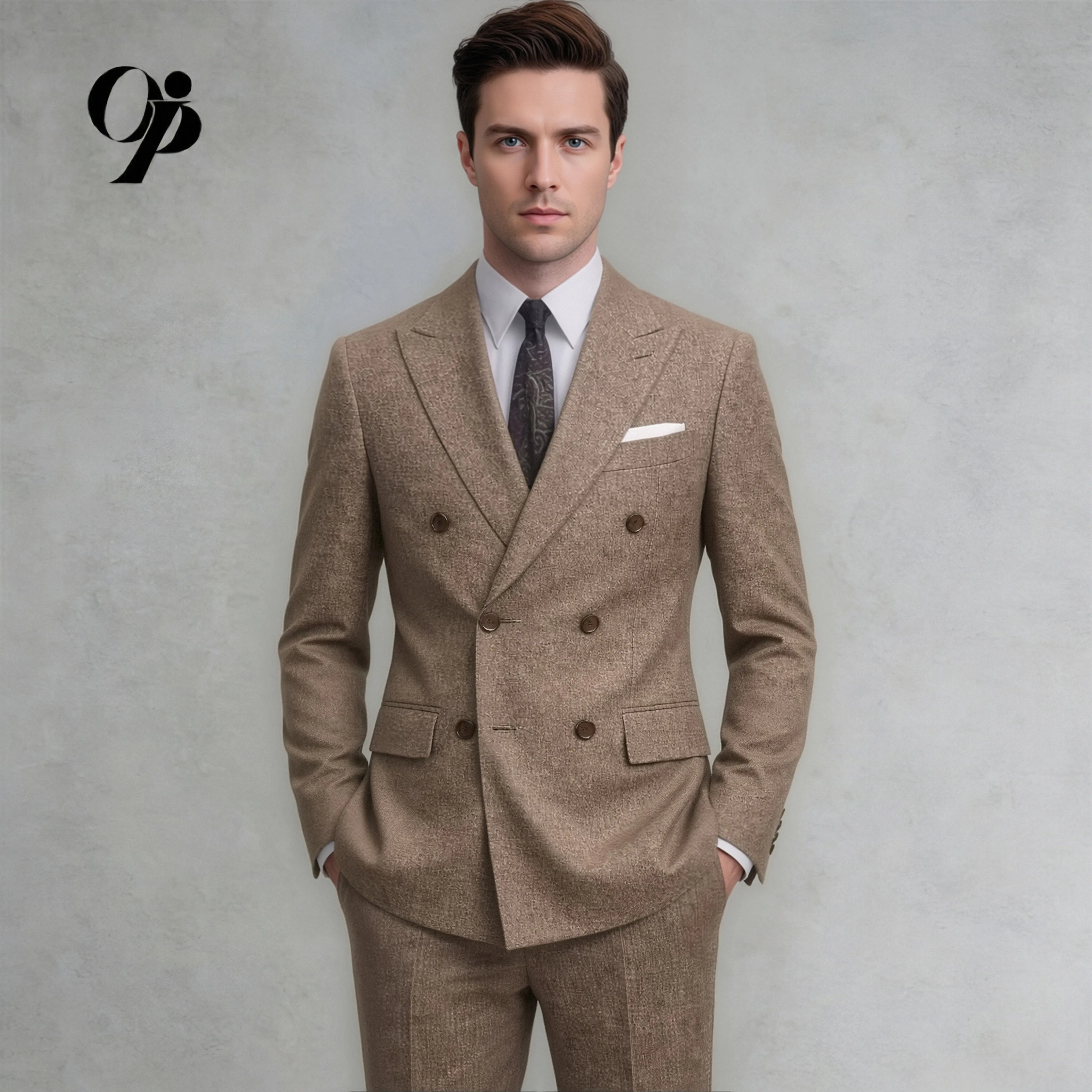 

Men's Slim Fit Camel Embossed Velvet 2-Piece Suit Notch Lapel Opeodly Casual Outfit Jacket Pants for Autumn Winter