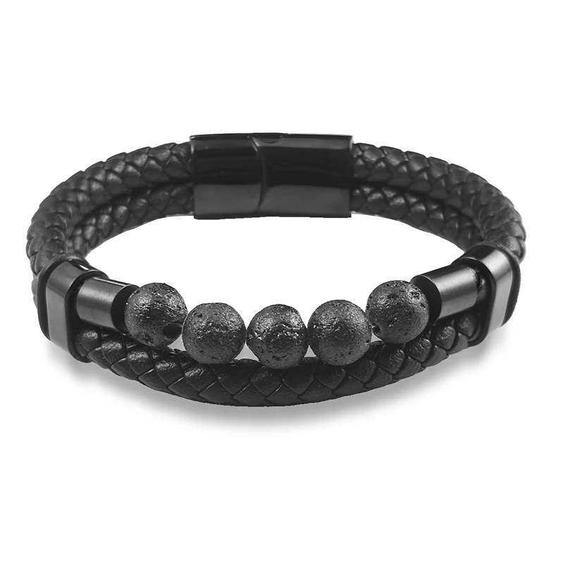Herren Doppelt Geflochtenes Lederarmband Natürliche Lavastein-Perlen Magnetverschluss Vintage Punk Armband Männerschmuck Geschenk – Detail 6
