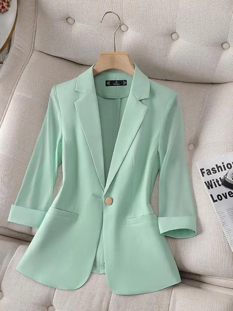 ربيع الخريف أسود أبيض أنيق متعدد الاستخدامات سبعة أرباع كم السترة معطف المرأة الأخضر زر واحد مكتب سترة 2025 الكورية