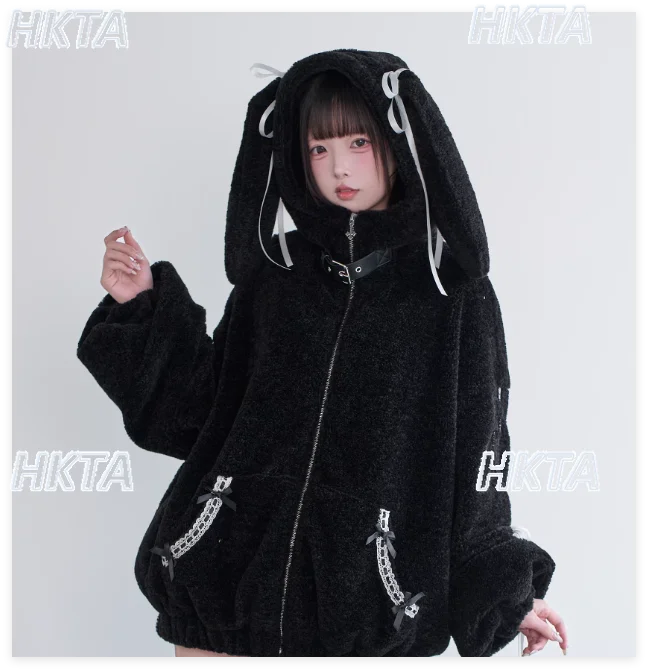 

2026 New Sweet Cool Subculture Lace Bow Cute Cartoon Hooded Jacket Female Loose Casual Oversize Medium Long Black Fur Coat Women