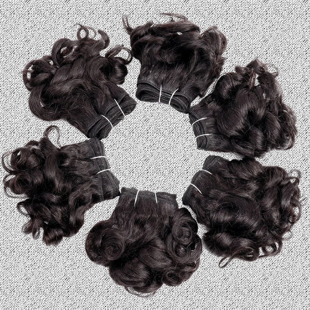 6Pcs/Lot Bouncy Curly Hair Bundles Double Draw Human Hair Indian Short Cut Remy Human Hair Extensions Natural Black Brown Color - view 6