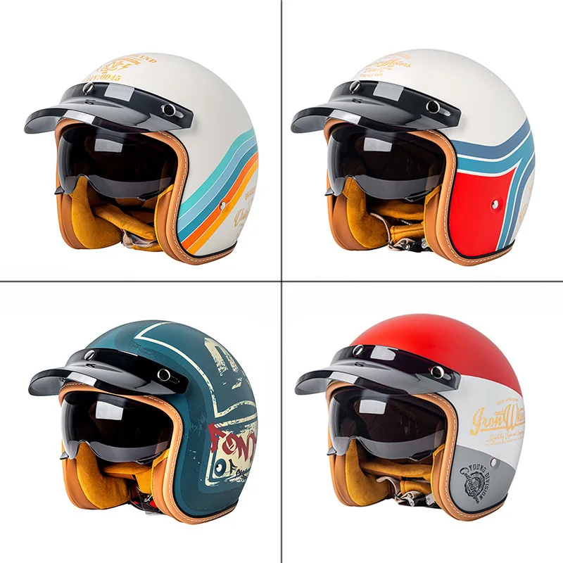 Motorcycle Retro Helmet 3/4 Cruise Autumn and Winter Unisex Electric Vehicle Half Helmet Built-in Lenses Locomotive Riding Helm