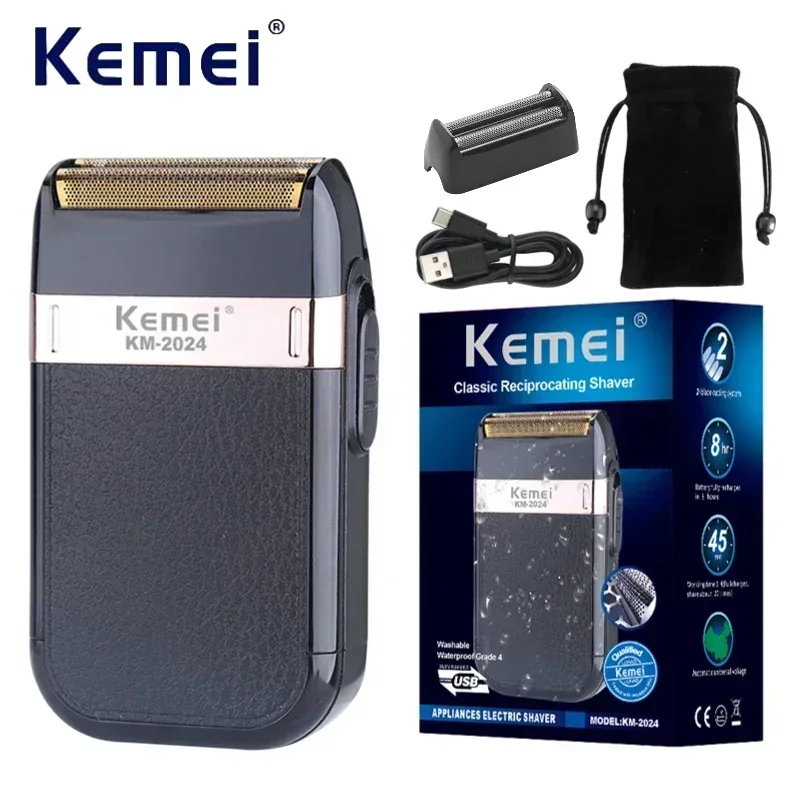 

Kemei KM-2024 Electric Beard Shaver Professional Beard Trimmer Mini Face Razors for Shaving Men Leather Covering IPX4 Waterproof