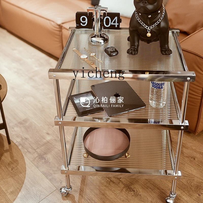 

XL Living Room Small Coffee Table Stainless Steel Glass Trolley Storage Rack Side Table Small Apartment Snack Cart