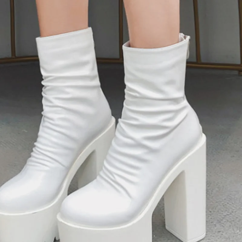 New Autumn Winter Platform Boots High Heels Back Zipper Black White Short Boots For Women Waterproof Gothic Shoes