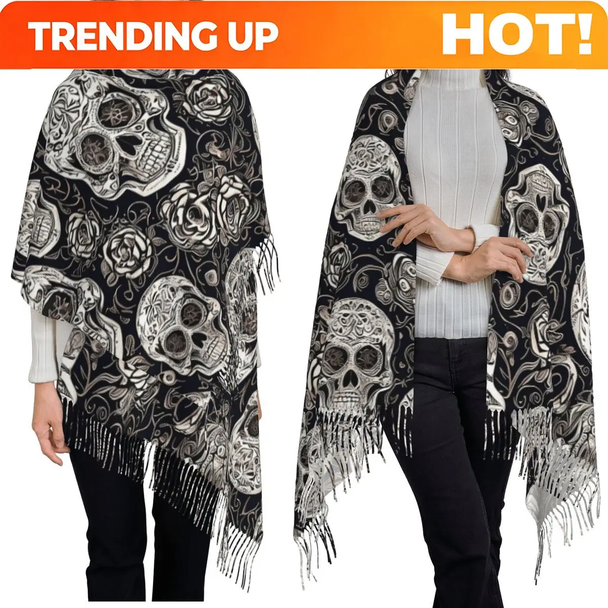 Customization Copy Of Sugar Skull Day Of The Dead Neon Sugar Skull Scarf Tassel Scarves For Women Shawls And Wraps Long Fall Win