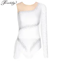 Women Ballet Dance Leotard Figure Skating Gymnastics Acrobatics Performance Costume One Shoulder Shiny Rhinestones Mesh Bodysuit