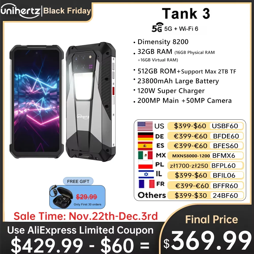 US AU EU Stock Unihertz 8849 Tank 3 Rugged 5G Smartphone 32GB 512GB 23800mAh 120W Charger Dimensity 8200 200MP 120Hz Cell Phone