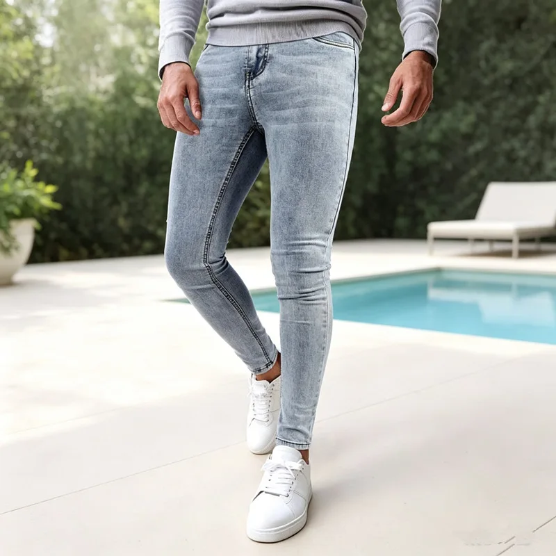 Men Casual Light Blue Acid Wash Stretch Skinny Jeans Slim Fit Wrinkle Faded Hip Hop Denim Trousers