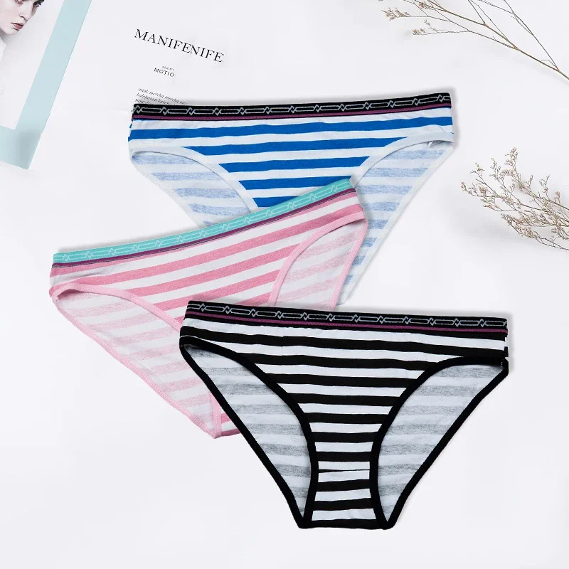 Cotton Women's Panties Sexy Briefs Female Underwear Lingerie Bikini Ladies Knickers Breathable Striped 3 Pcs/set