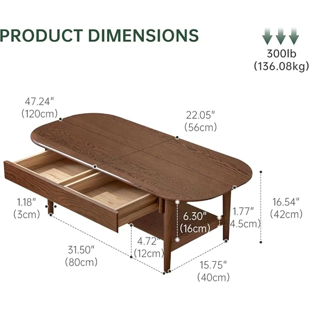 Mid-Century Modern 2-Tier Solid Oak Coffee Table with Drawers and Open Shelf for Living Room