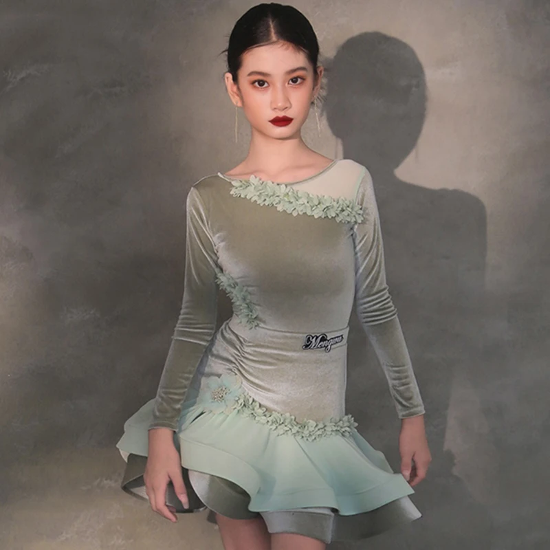 

Платье для латиноамериканских танцев, костюм для девушек с разрезом, юбка с длинным рукавом, платье для выступлений, костюм для танцев DQL9342