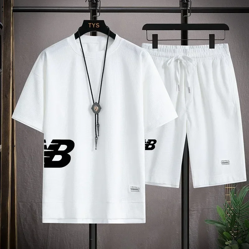 Summer Sets Men's T-shirt + Shorts Suit Brand Short Sleeve Set Printed Waffle Cotton Tshirts Jogging Sweatpants Male Sport Suit