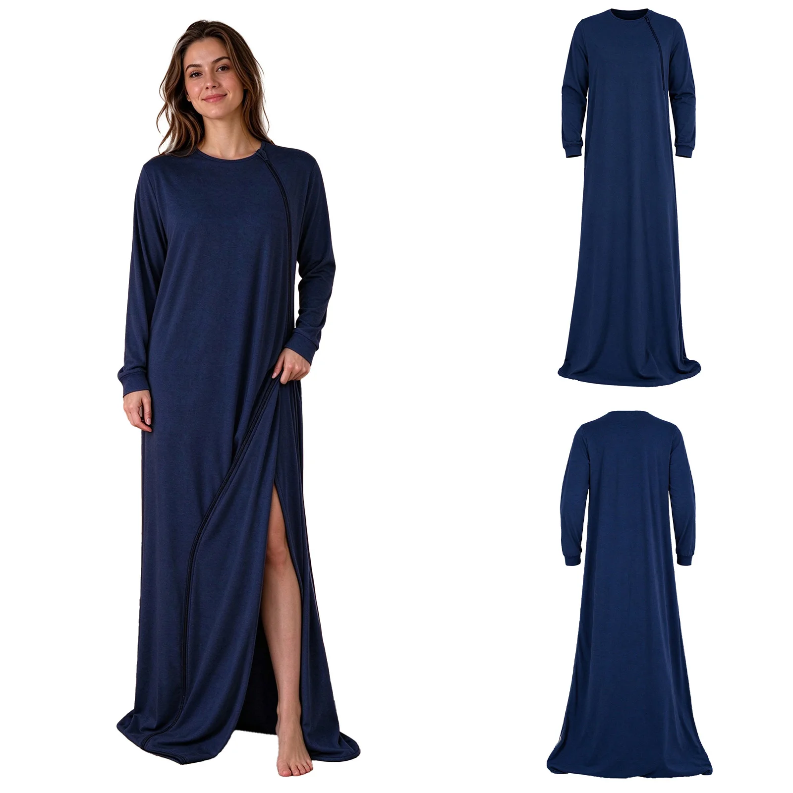 Womens Sleep Robe Zipper Sleeping Bag Long Sleeves Solid Color Sleeping Sack Homewear for Ladies Comfortable Home Loungewear