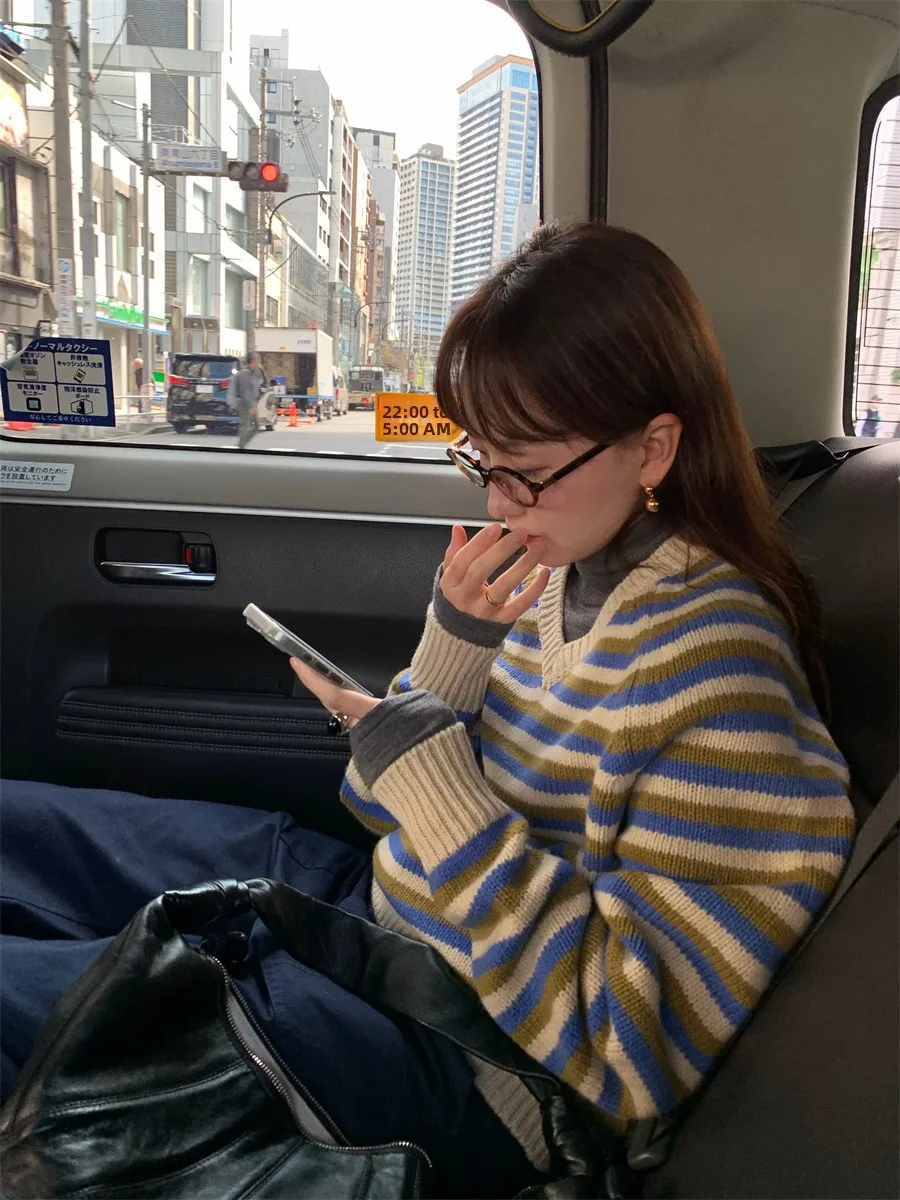 Pull tricoté en laine Color-Blo pour femme, Vintage, Sle V-Ne, Long, rayé, Faion, saison printemps-automne