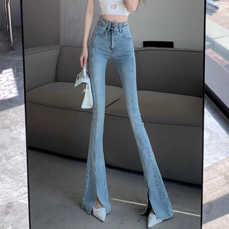 Blue Elegant Sweet Y2K Jeans Women High Waist Casual Vintage Flare Pants Female Bodycon Korean Fashion Denim Pants 2024