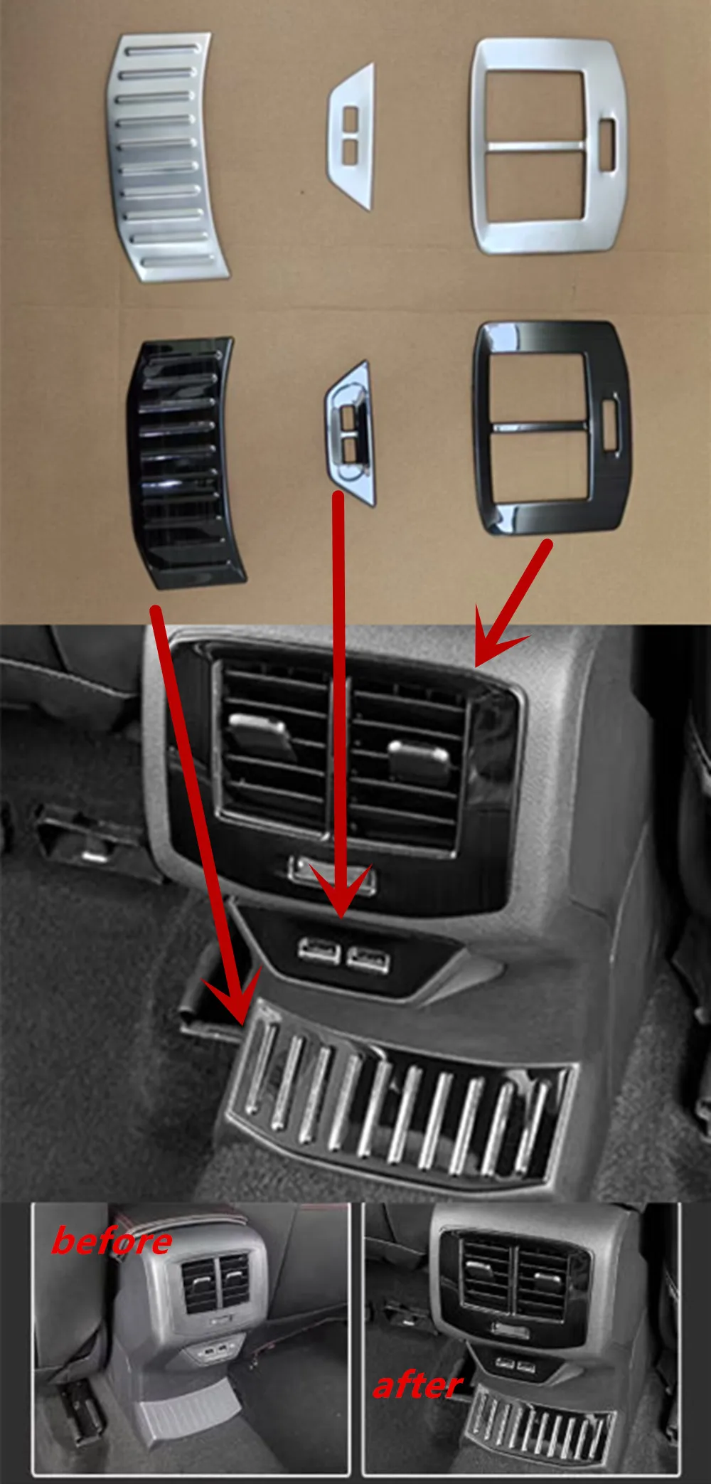 

Car Rear Armrest Air Vent Outlet USB Anti-kick Foot Sequins Frame Trims for Volkswagen T Roc VW T-roc 2017-2025 Auto Accessories