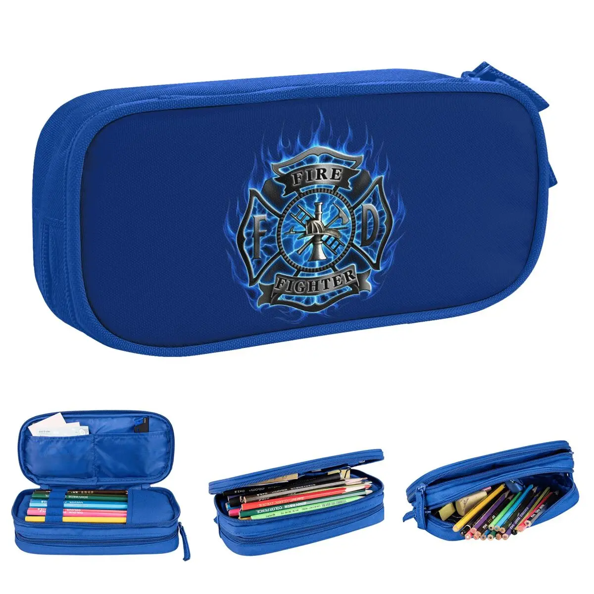 

Blue Firefighter Logo Pencil Cases Fire Rescue Pen Bag Kids Big Capacity School Supplies Gifts Pencilcases