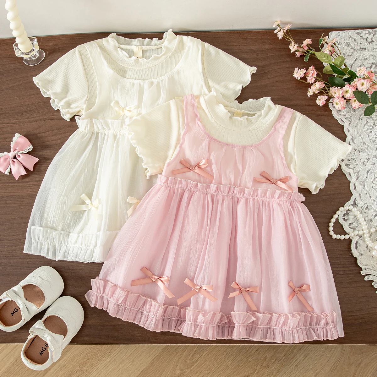 Baby Girl Summer Dress Sweet Princess Style Sleeveless Girls Dress with Bow Tulle Skirt Party Dress for Wedding